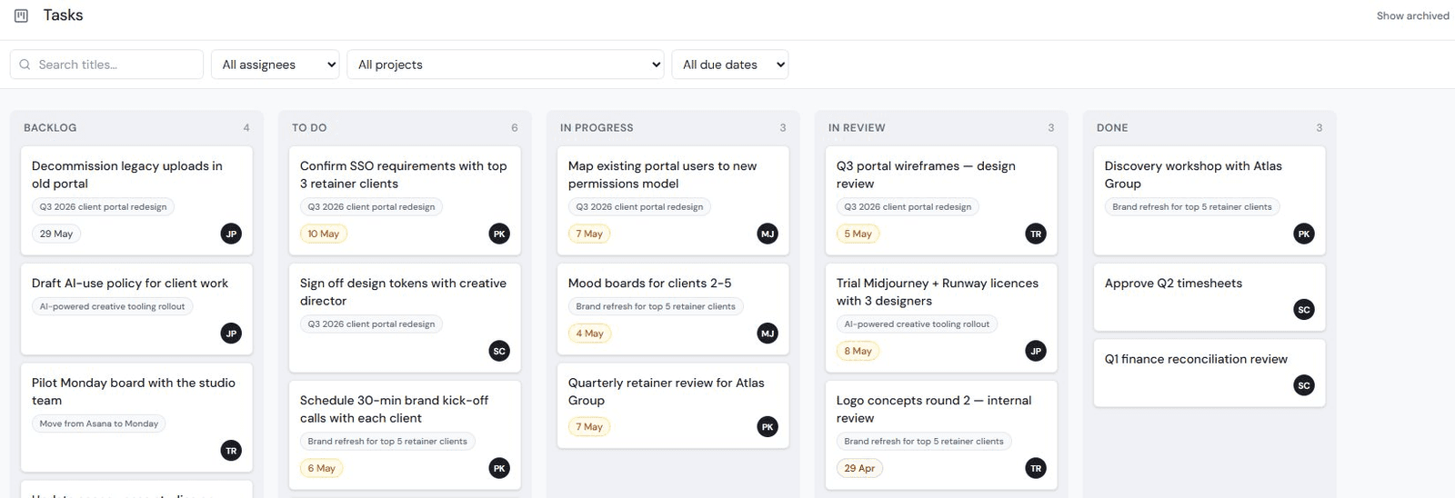 Kanban board with backlog, to-do, in-progress, in-review, and done columns